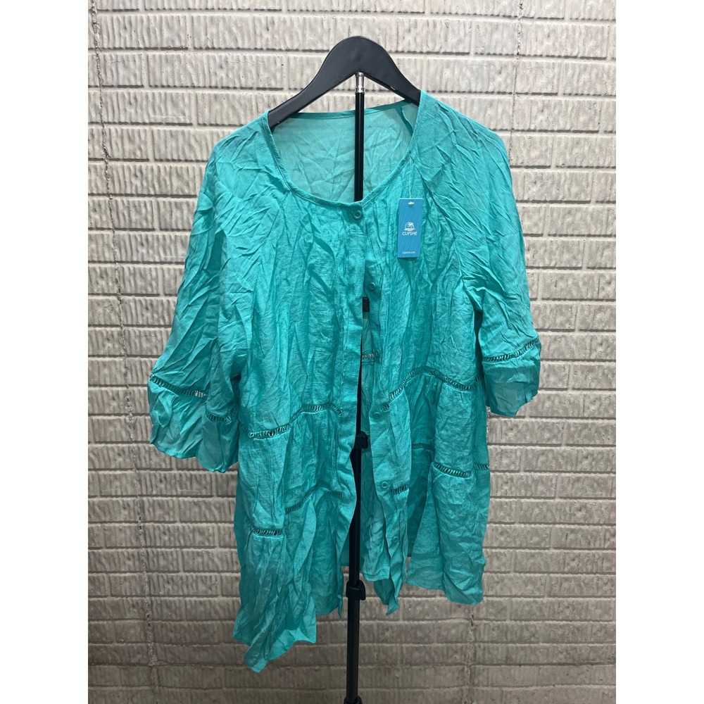 Cupshe Teal Turquoise Button Front Ladder Lace Beach Cover Up Shirt Large NEW